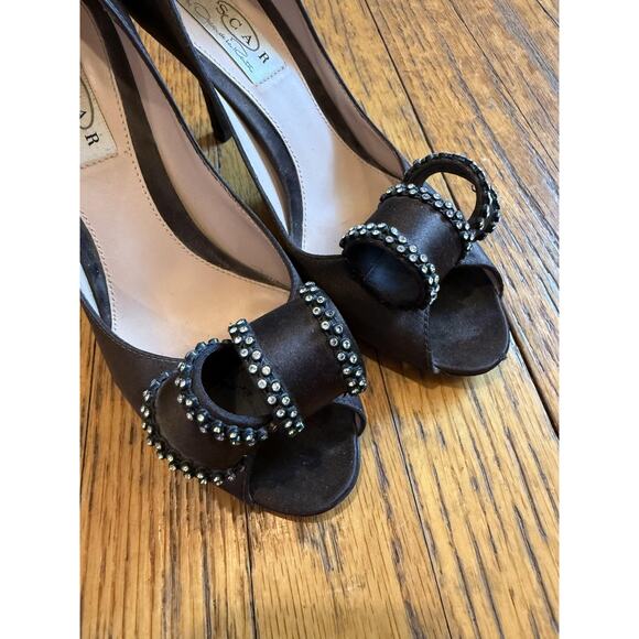 Oscar de la Renta Shoes Womens Size 7M Brown Bow Crystal Peep Toe Heels Italy - Picture 3 of 9